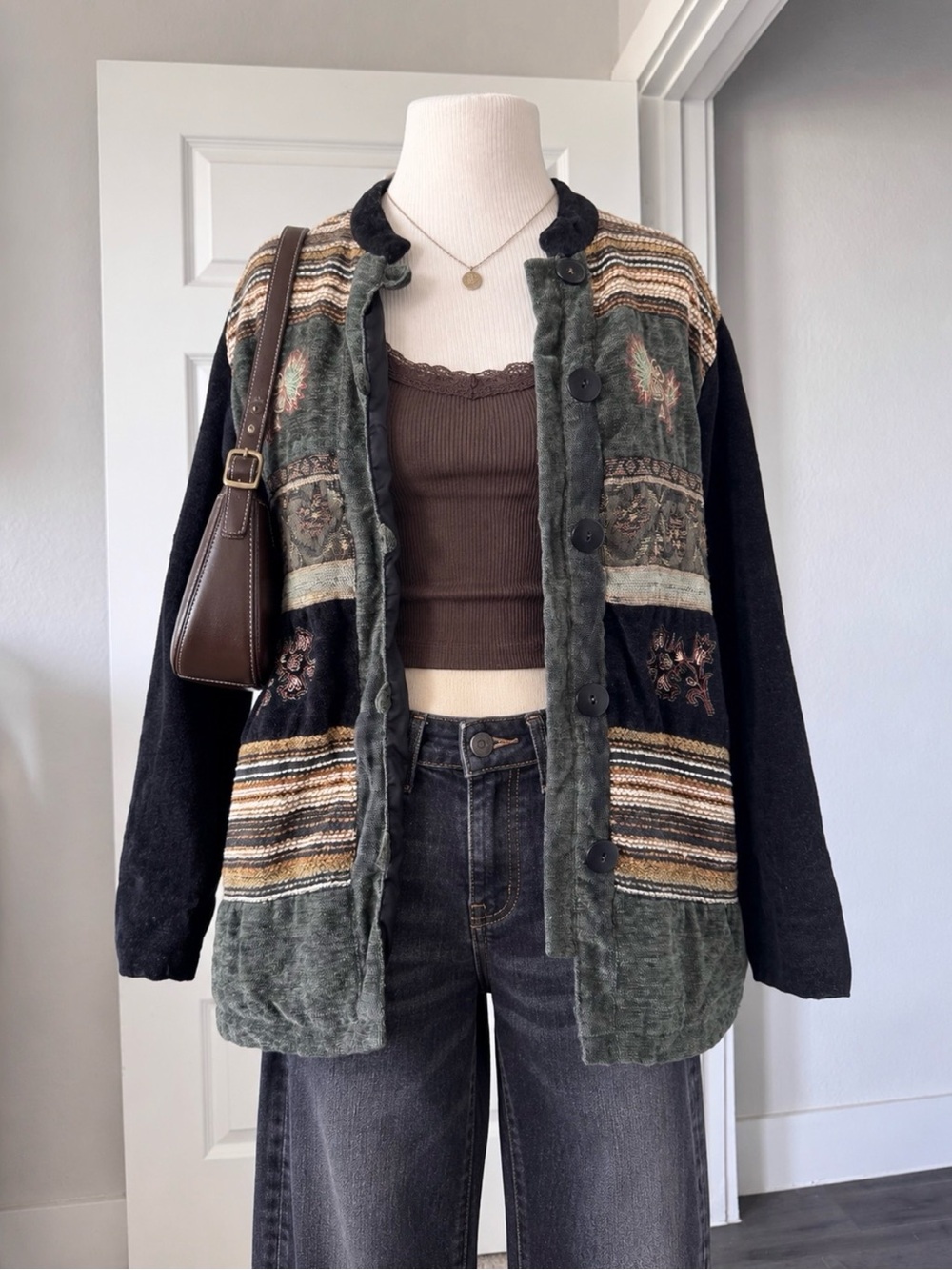 Vintage Cottagecore Patchwork Embroidered Oversized Jacket Olive Green Black